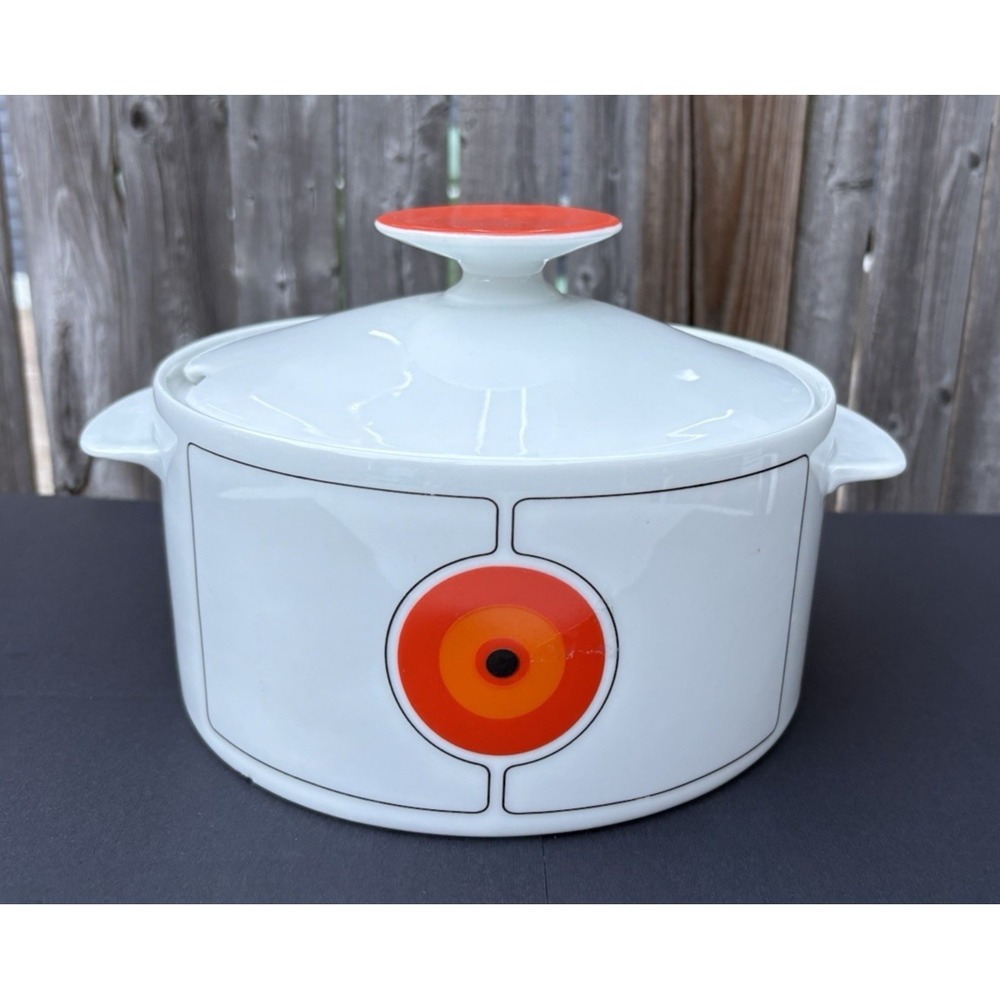 Vintage HTF Renner Medallion casserole dish orange op art design 1970's damage